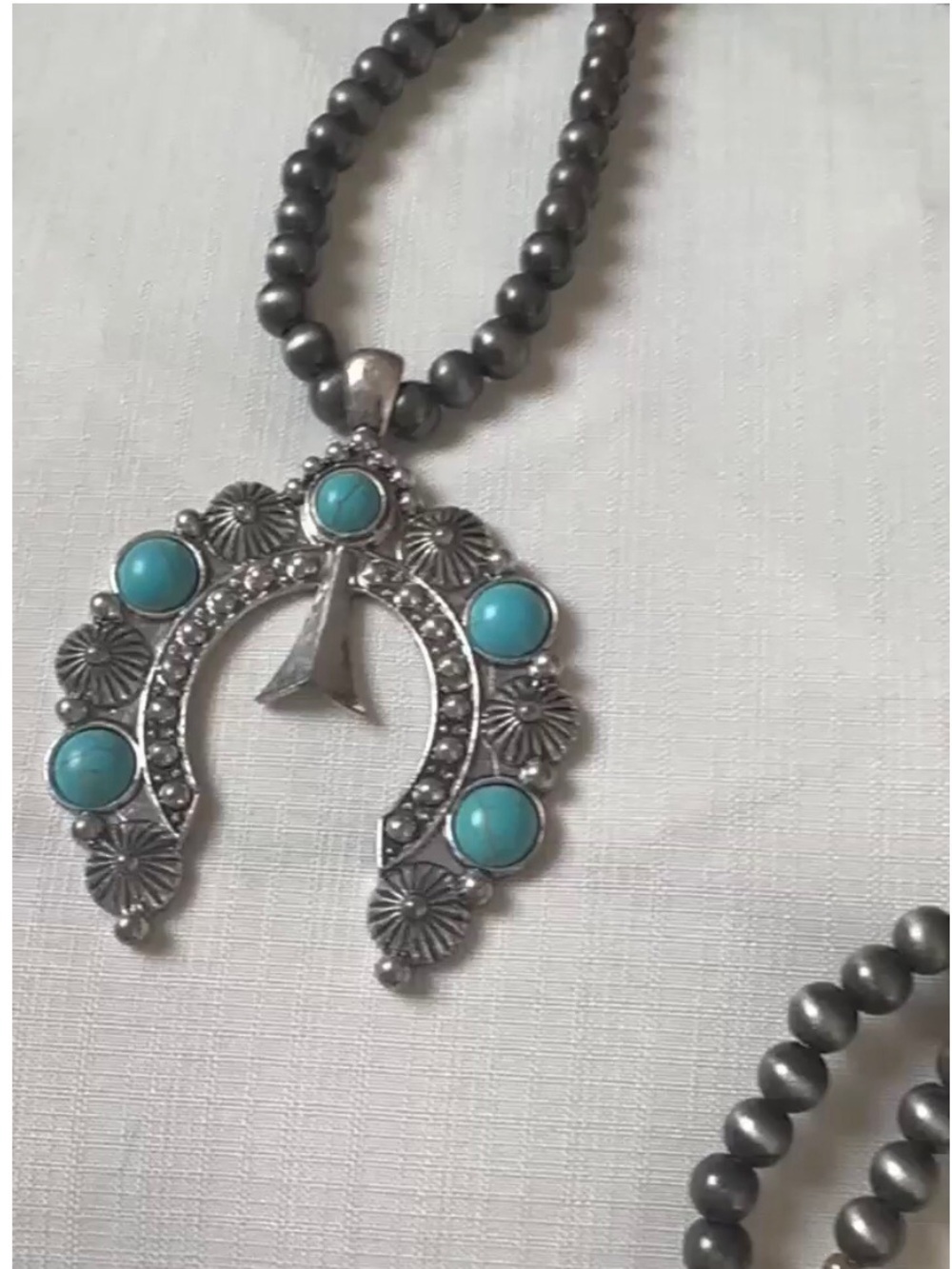 Beaded Silver Necklace with Turquoise pendant Accent